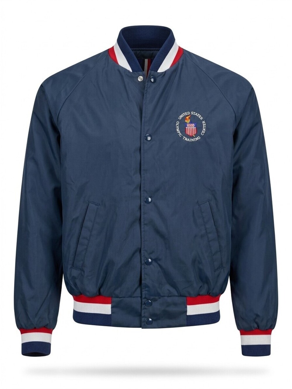 Vintage 80s USA Olympic Training Center Satin Bomber Jacket Mens L Navy Blue VGC